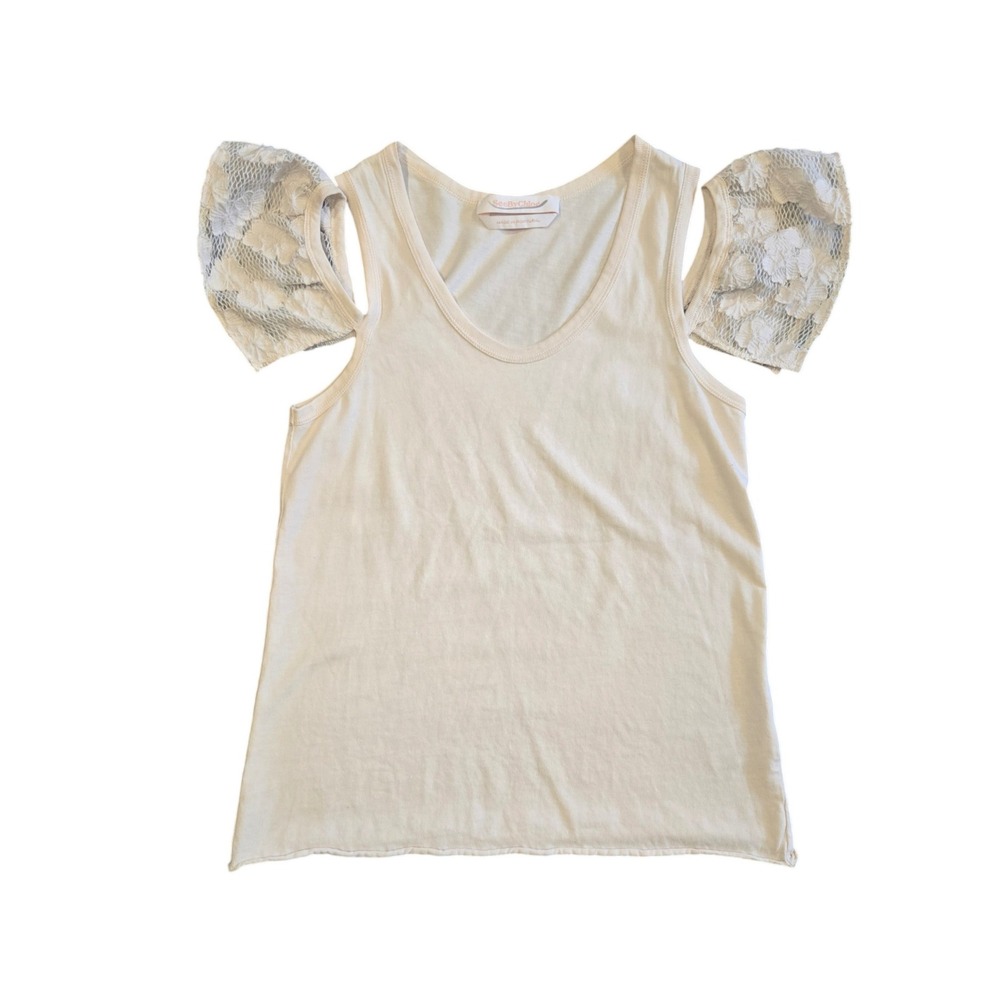 See By Chloe Cream Shoulder Lace Flutter Sleeve Tank Top S, Fairy Coquette Boho